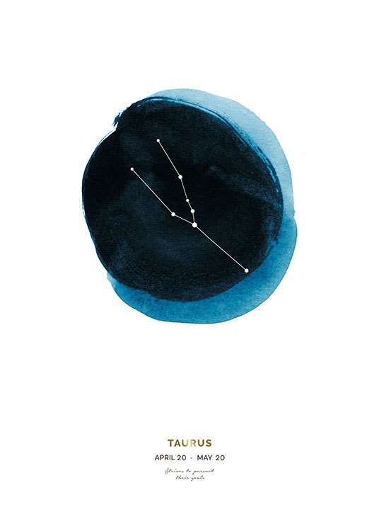 – Ilustración en acuarela azul del signo zodiacal de Tauro con las fechas del signo debajo y fondo blanco.