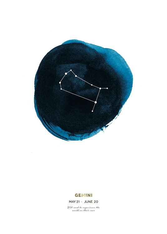  – Ilustración en acuarela azul del signo zodiacal de Géminis con las fechas del signo debajo.