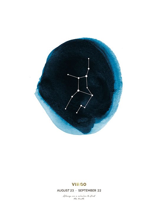  – Ilustración en acuarela azul del signo zodiacal de Virgo con las fechas del signo debajo y fondo blanco.