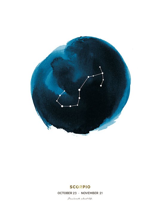  – Ilustración en acuarela azul del signo zodiacal de Escorpio con las fechas del signo debajo.