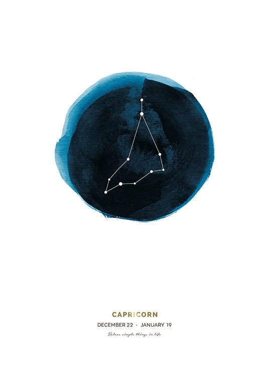  – Ilustración en acuarela azul del signo zodiacal de Capricornio con las fechas del signo debajo.