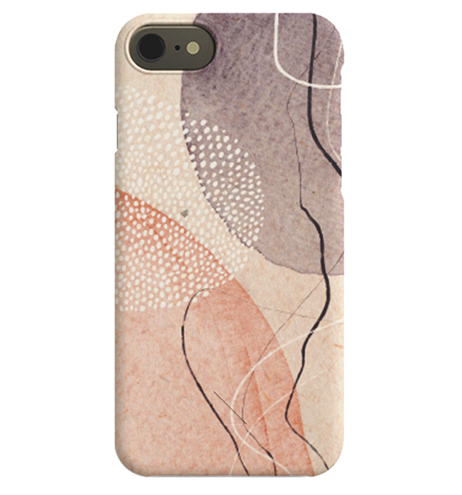  – Funda para iPhone con estampado de figuras abstractas color rosa y violeta, y un círculo de puntitos blancos