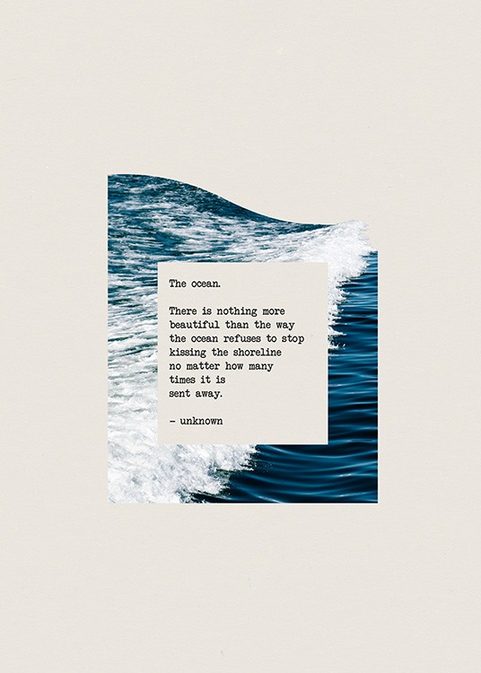  - Póster con cita sobre el océano y la fotografía de un océano sobre fondo beis.