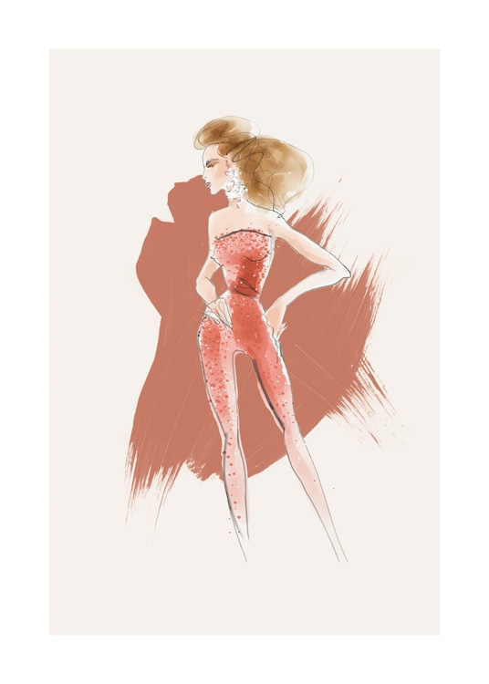  – Ilustración de una mujer que lleva un mono rojo con detalles en perlas y un brochazo colorado detrás, fondo beis claro