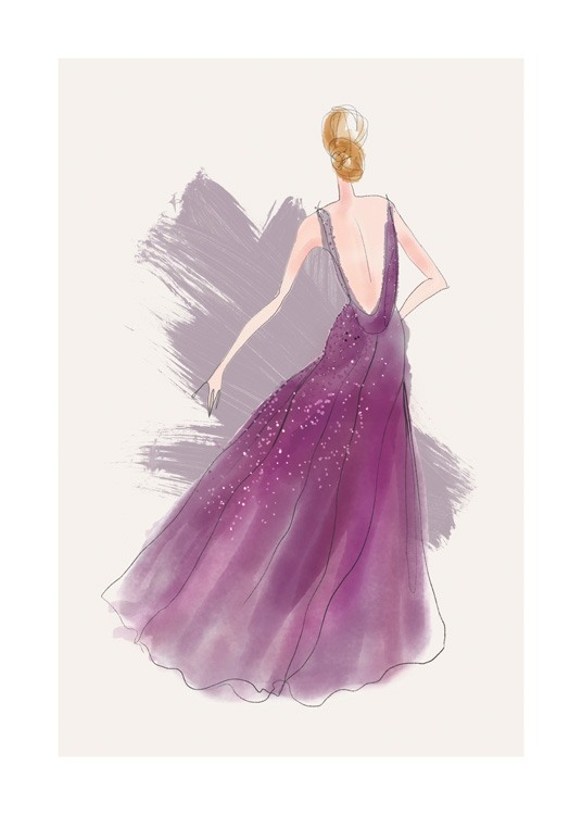  – Ilustración de una mujer de espaldas que lleva un vestido de fiesta largo en color púrpura, con lentejuelas y escote profundo, sobre un fondo beis con brochazos de un tono púrpura más claro