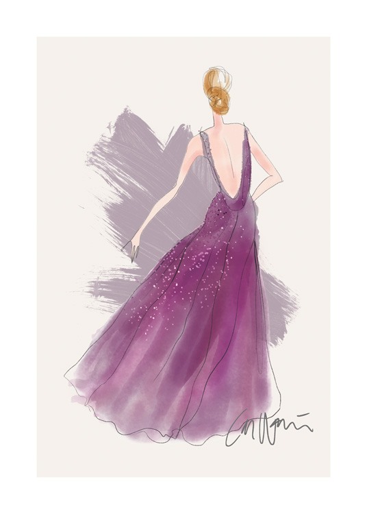  – Ilustración de una mujer con vestido de fiesta púrpura con lentejuelas y escote profundo, y fondo beis con brochazos de un tono más claro