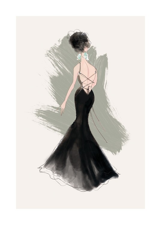  – Ilustración de una mujer que lleva un vestido de fiesta negro con cintas en la espalda y pendientes de diamantes