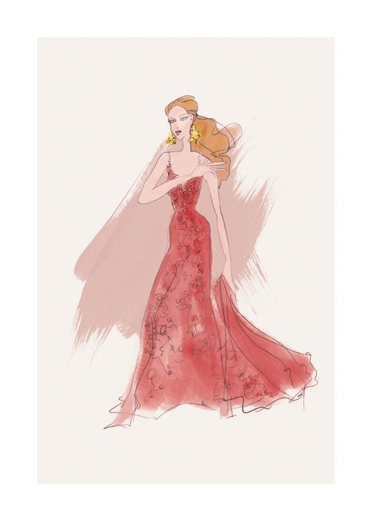  – Ilustración de una mujer rubia que lleva un vestido de fiesta rojo y pendientes amarillos, fondo beis con un brochazo rosado detrás de la imagen