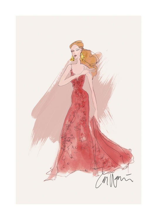  – Ilustración de una mujer rubia que lleva un vestido largo en color rojo y pendientes amarillos, fondo beis y rosado