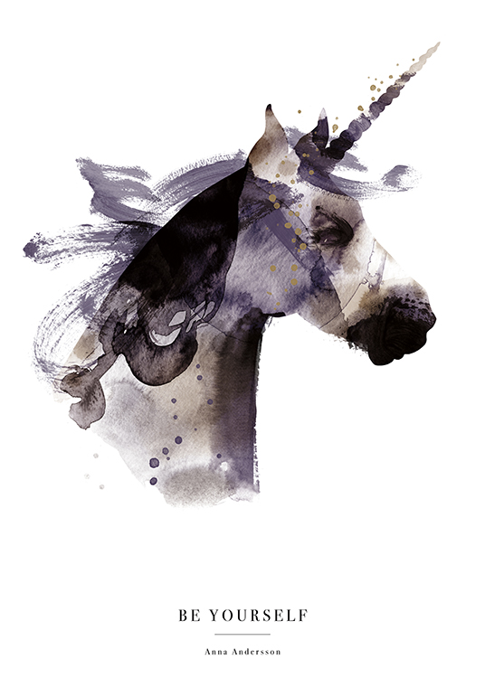 – Pósters personalizado con fondo blanco, el dibujo en acuarela de un unicornio en marrón, violeta y negro, y texto en la parte inferior del diseño