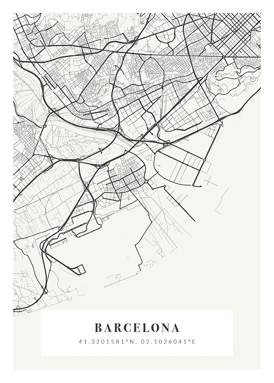  – Mapa ilustrado en gris y color hueso con el nombre de la ciudad y las coordenadas en la parte inferior del cuadro.