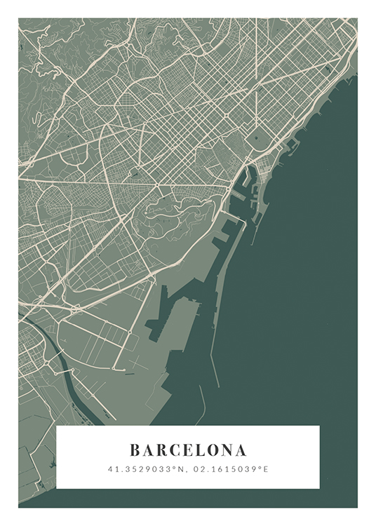  – Mapa ilustrado en verde y beis con el nombre de la ciudad y las coordenadas en la parte inferior del cuadro.