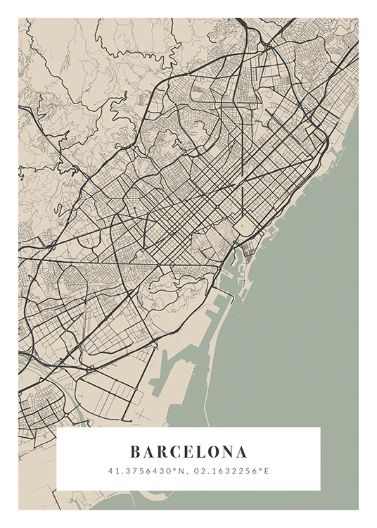  – Mapa ilustrado en beis, verde claro y gris oscuro con el nombre de la ciudad y las coordenadas en la parte inferior del cuadro.