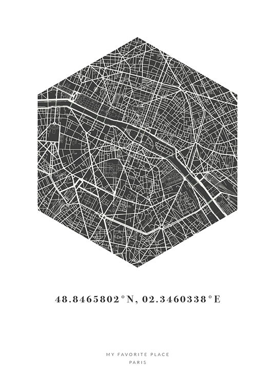  – Mapa de una ciudad en blanco y negro y en forma de hexágono con coordinadas en la parte inferior.