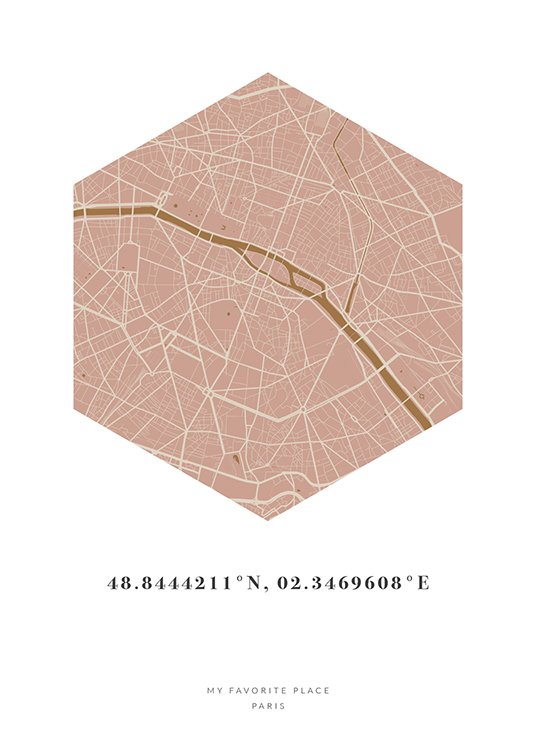  – Mapa de una ciudad en beis y rosa y en forma de hexágono con coordinadas en la parte inferior.