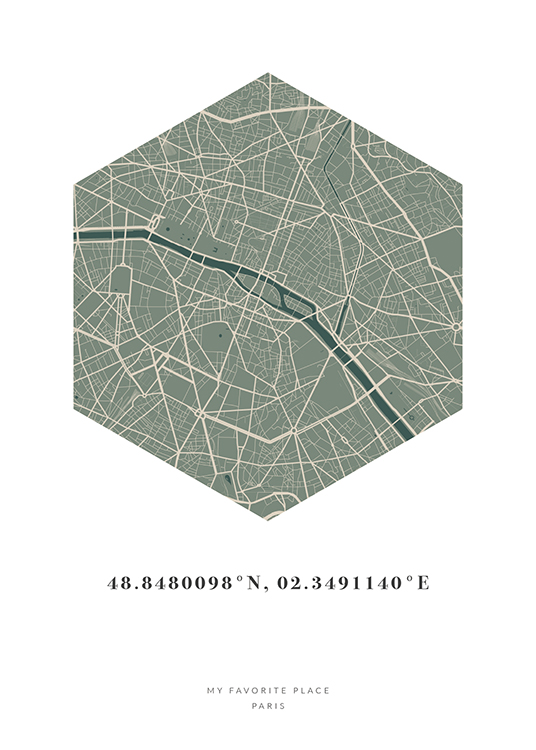  – Mapa de una ciudad en verde y beis y en forma de hexágono con coordinadas en la parte inferior.