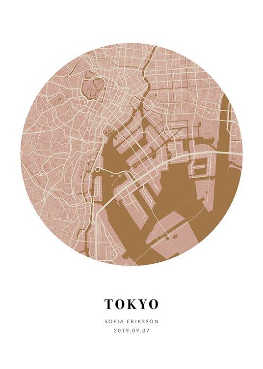  – Mapa circular de una ciudad en marrón y rosa y con texto en la parte inferior del motivo.