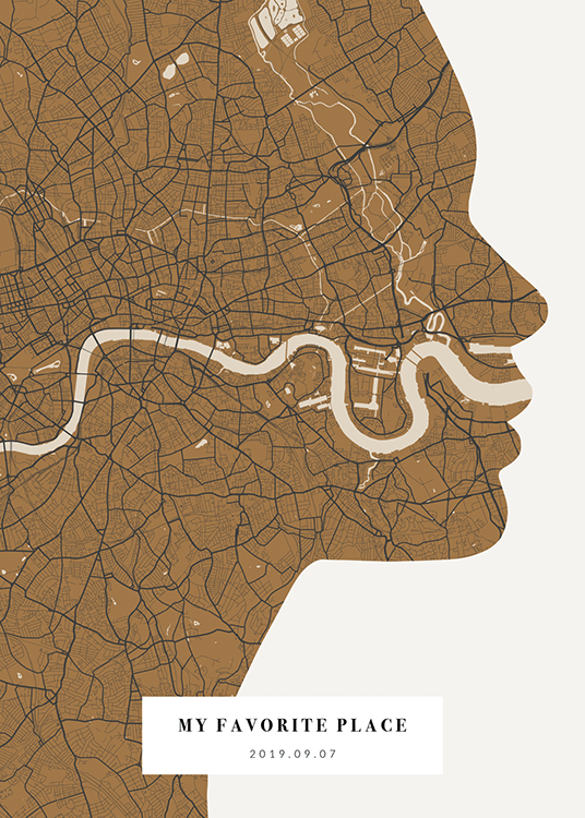  – Mapa de una ciudad en beis y marrón con la forma de un rostro visto de perfil, fondo gris claro y texto en la parte inferior del diseño.