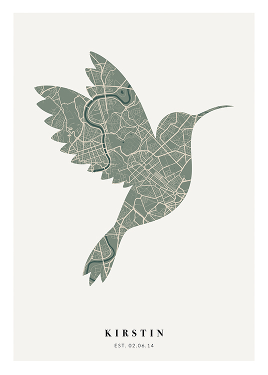  – Mapa de una ciudad en beis y verde con la silueta de un pájaro sobre un fondo gris claro y texto en la parte inferior.