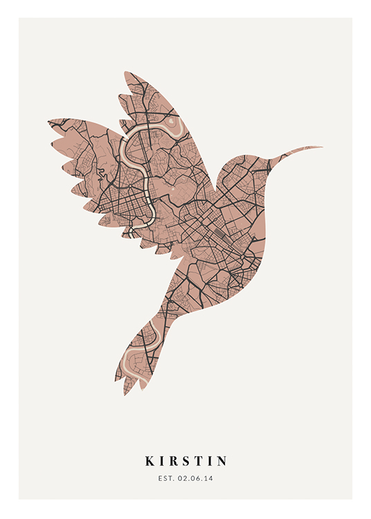  – Mapa de una ciudad en gris oscuro y rosa con la silueta de un pájaro sobre un fondo gris claro y texto en la parte inferior.