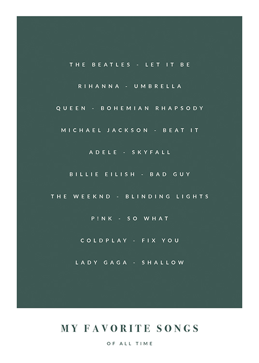  – Póster con texto en color verde con una lista de canciones y texto en la parte inferior del diseño.