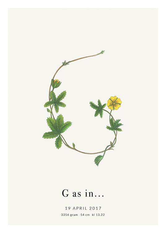  – Ilustración de una rama con hojas con la forma de la letra G y texto en la parte inferior del diseño.