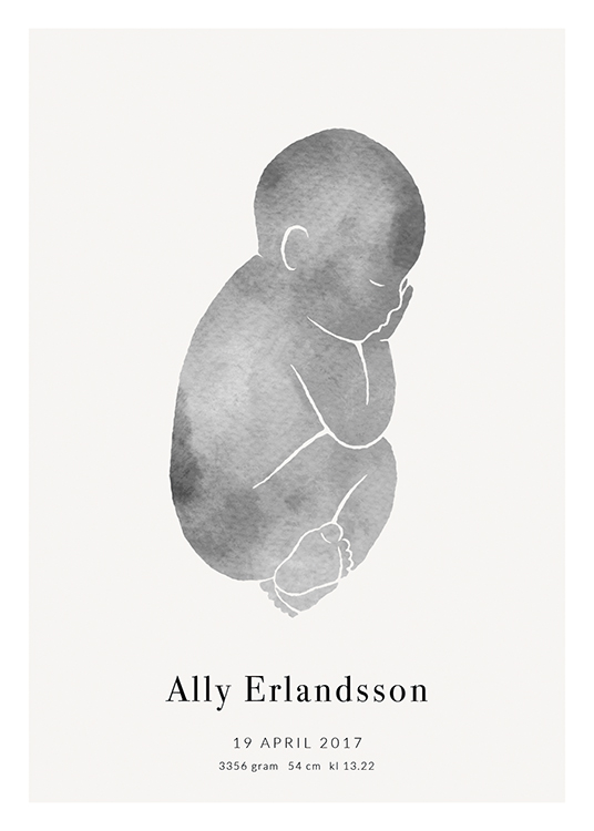  – Ilustración gris con un bebé, fondo gris claro y texto en la parte inferior del diseño.