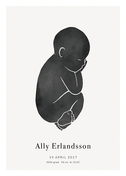  – Ilustración en negra de un bebé, fondo gris claro y texto en la parte inferior del diseño.