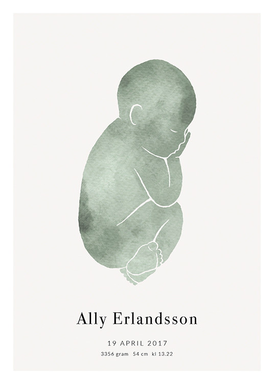  – Dibujo de un bebé en color verde, fondo gris claro y texto en la parte inferior del diseño.