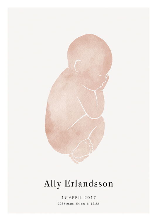 – Ilustración con un bebé rosa, fondo gris claro y texto en la parte inferior del diseño.
