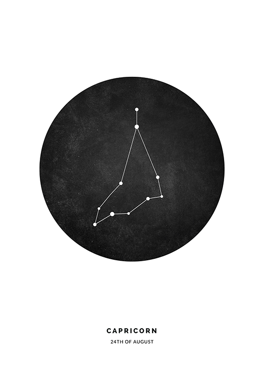  – Ilustración con fondo blanco y la constelación de Capricornio en un círculo negro