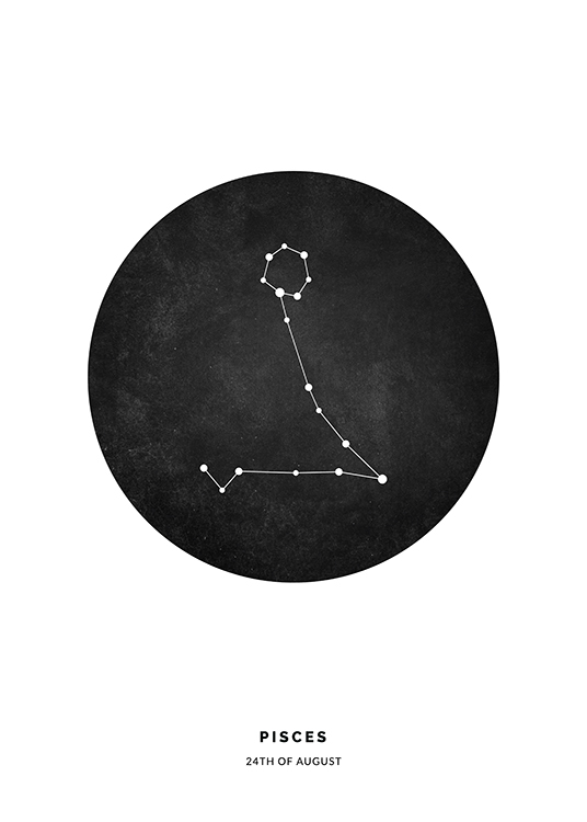  – Ilustración con fondo blanco y la constelación de Piscis en un círculo negro