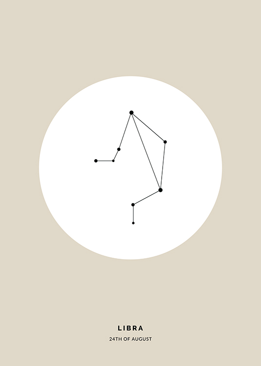  – Ilustración beis con un círculo blanco y la constelación de Libra