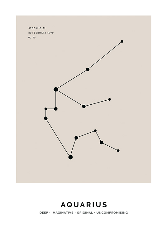  – Ilustración con la constelación de Acuario en negro y fondo beis