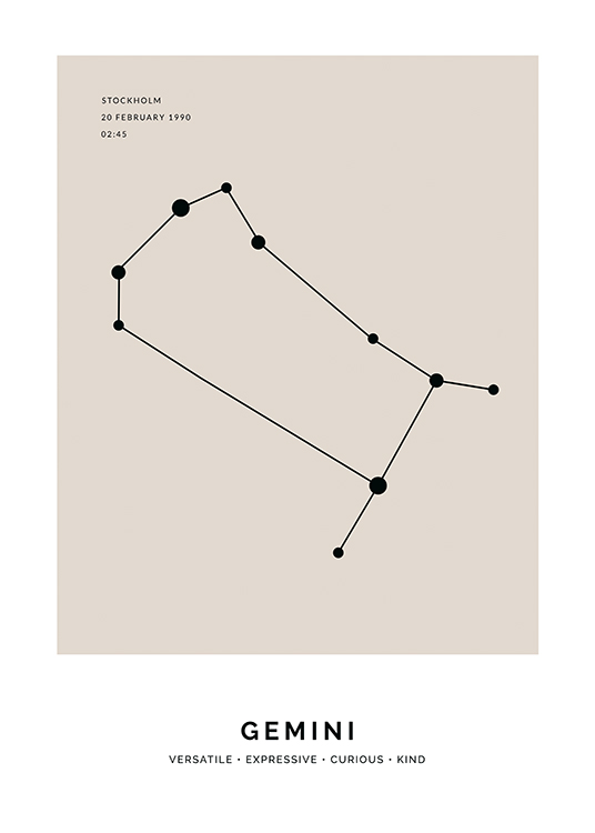  – Ilustración con la constelación de Géminis en negro y fondo beis