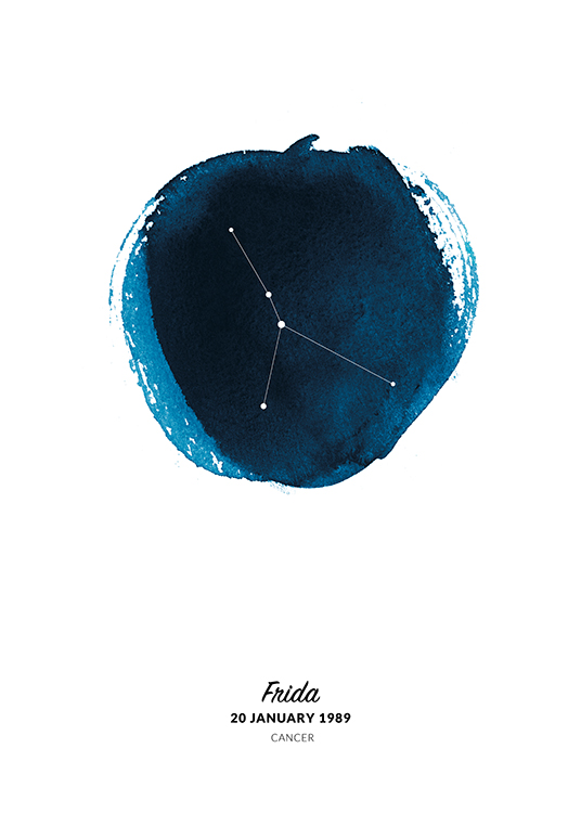  – Ilustración de fondo blanco con un círculo en acuarela azul y el signo de Cáncer