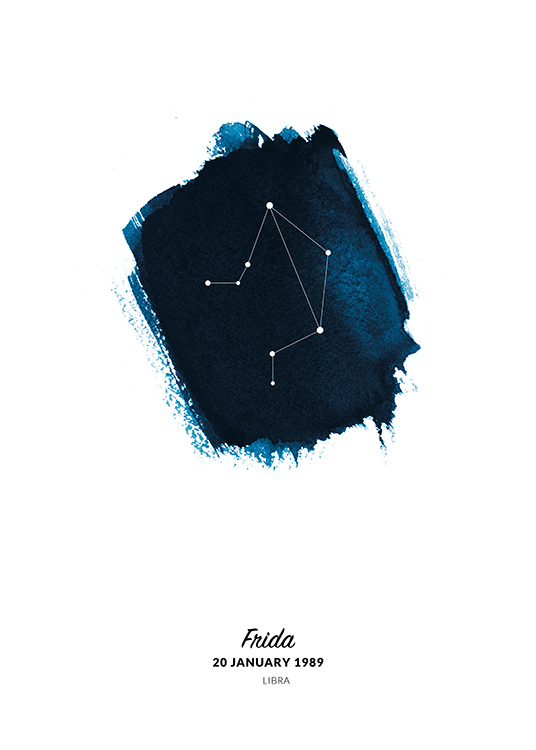  – Ilustración de fondo blanco con un círculo en acuarela azul y el signo de Libra