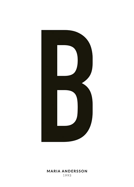 – Póster con texto de estilo minimalista con fondo blanco, la letra B escrita en negro y texto en letras pequeñas debajo