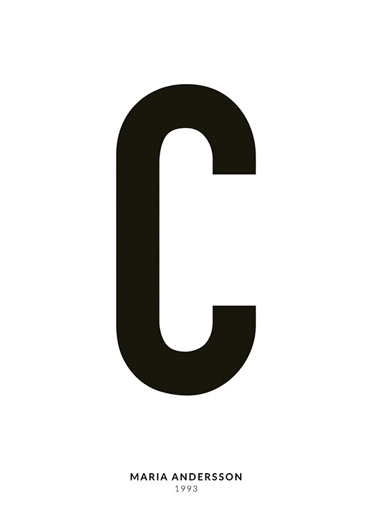 – Póster con texto de estilo minimalista con fondo blanco, la letra C escrita en negro y texto en letras pequeñas