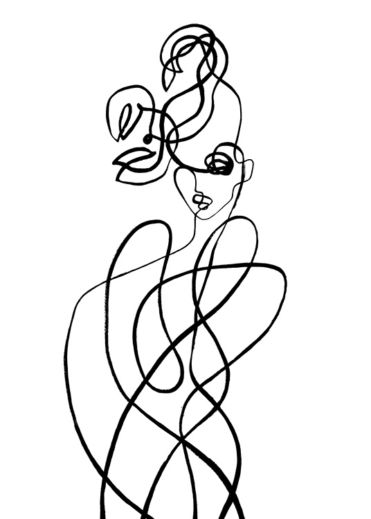  – Ilustración en blanco y negro realizada en arte de línea con un cuerpo y pinzas abstractas. Diseño inspirado en el signo zodiacal de Escorpio.