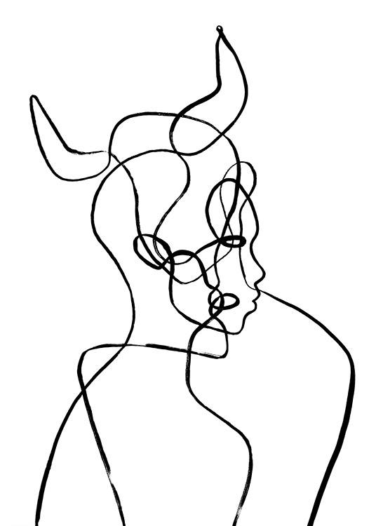  – Ilustración en blanco y negro realizada en arte de línea con un rostro abstracto con cuernos que semejan los de un toro. Diseño inspirado en el signo zodiacal de Tauro.