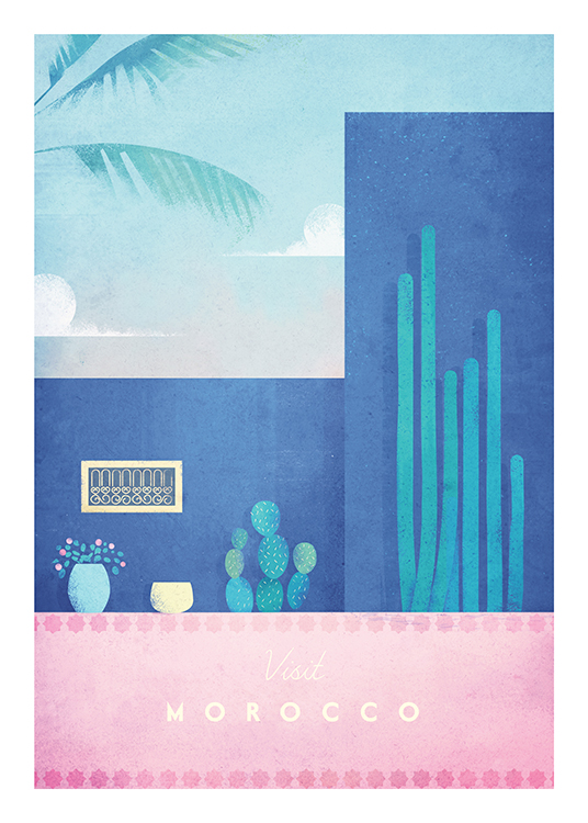  – Ilustración con un edificio rosa y azul, y plantas y cactus