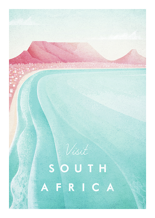  – Ilustración con montañas rosas, una playa rosa y un mar azul en primer plano