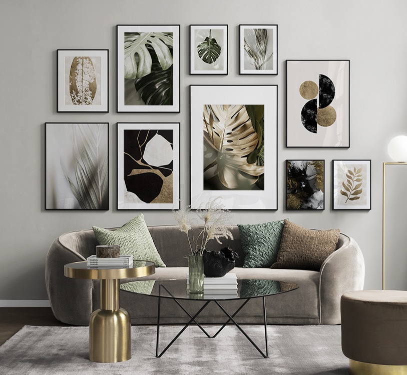 Pósters de botánica con monstera en verde y dorado